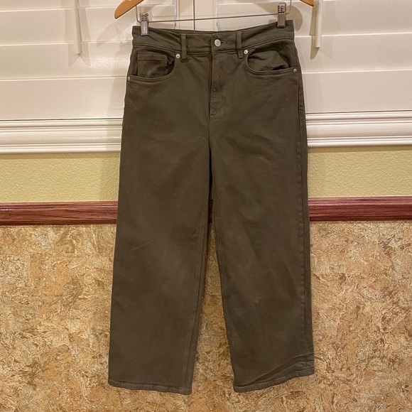 LOFT 0 (25) Wide Leg Pants Jeans High Rise Cropped Olive Green Stretch 2022 - Picture 8 of 10